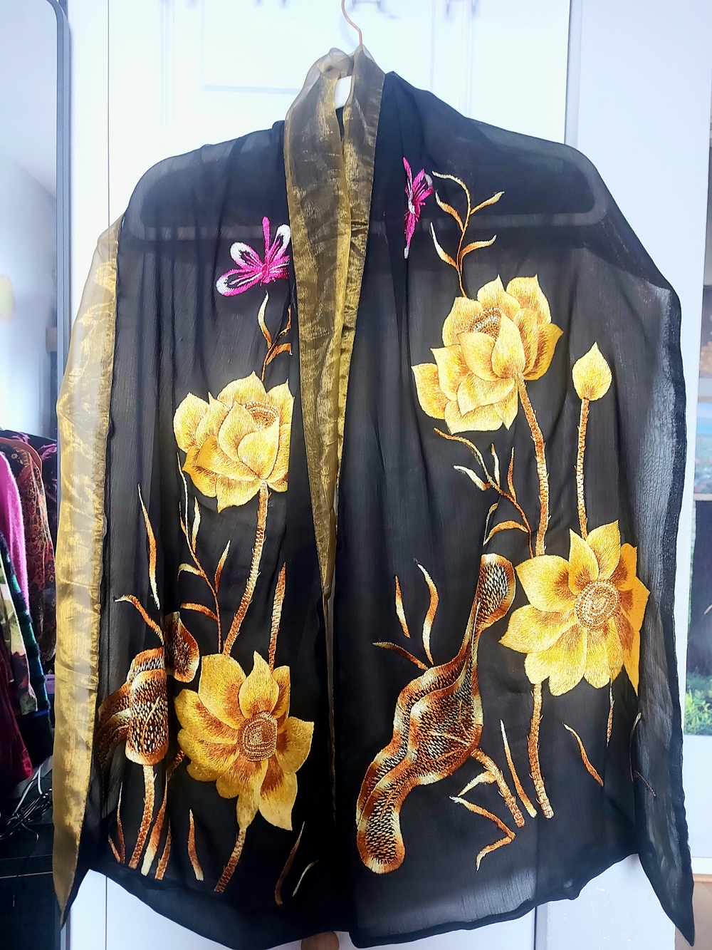 Stunning Silk Lotus Embroidered Scraf Unique Design